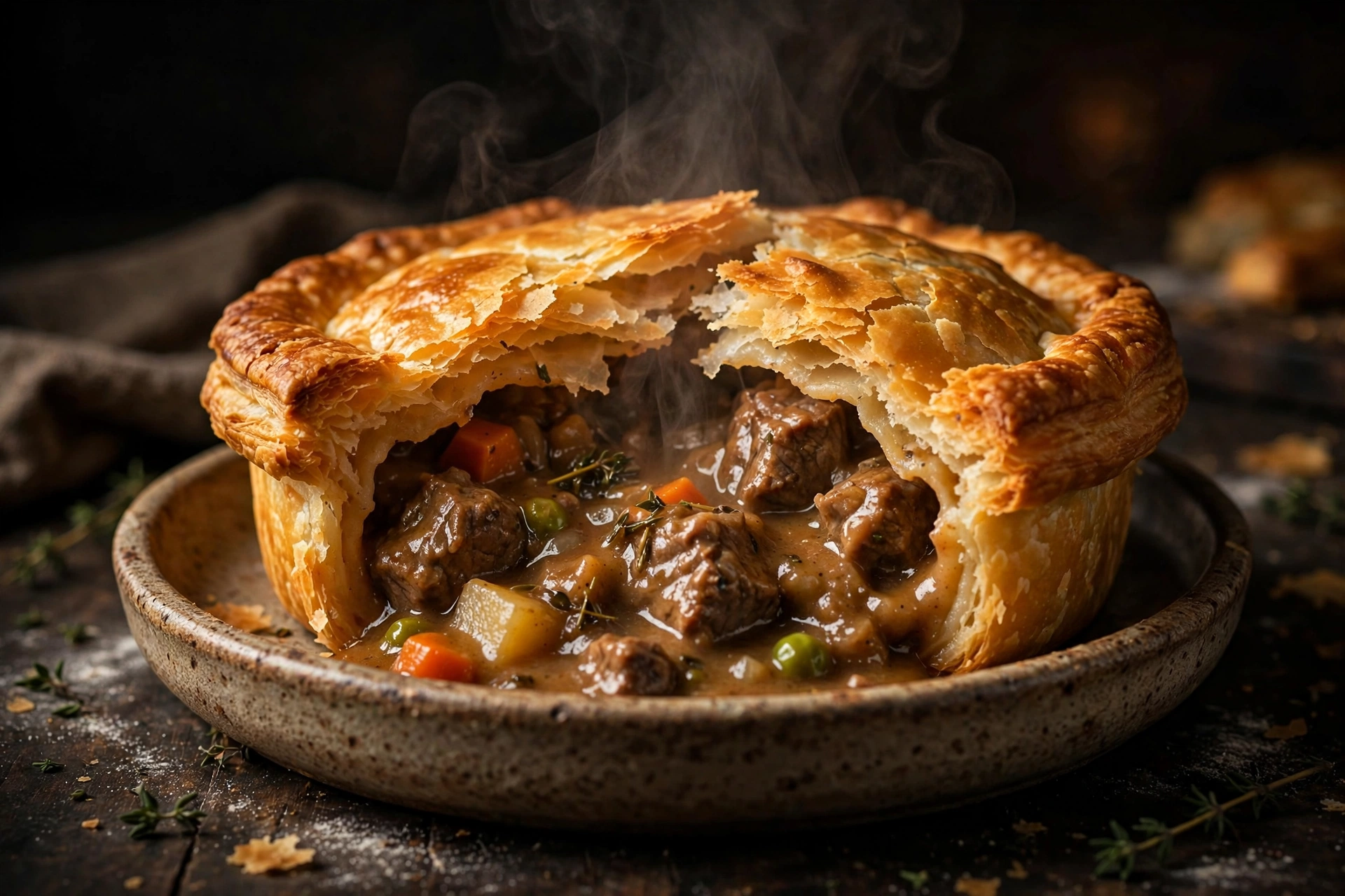 A golden savory pie cut open to show its rich filling